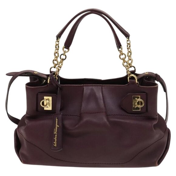 Salvatore Ferragamo Gancini Chain Hand Bag Leather 2way Purple Gold Auth BA1705 - Picture 2 of 15